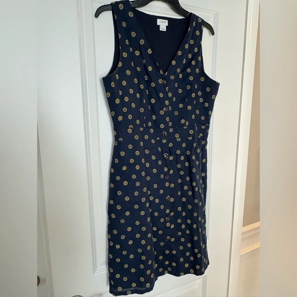 J Crew Navy and Yellow Daisy V Neck Dress Sleeveless Size 6 Cotton Linen Summer